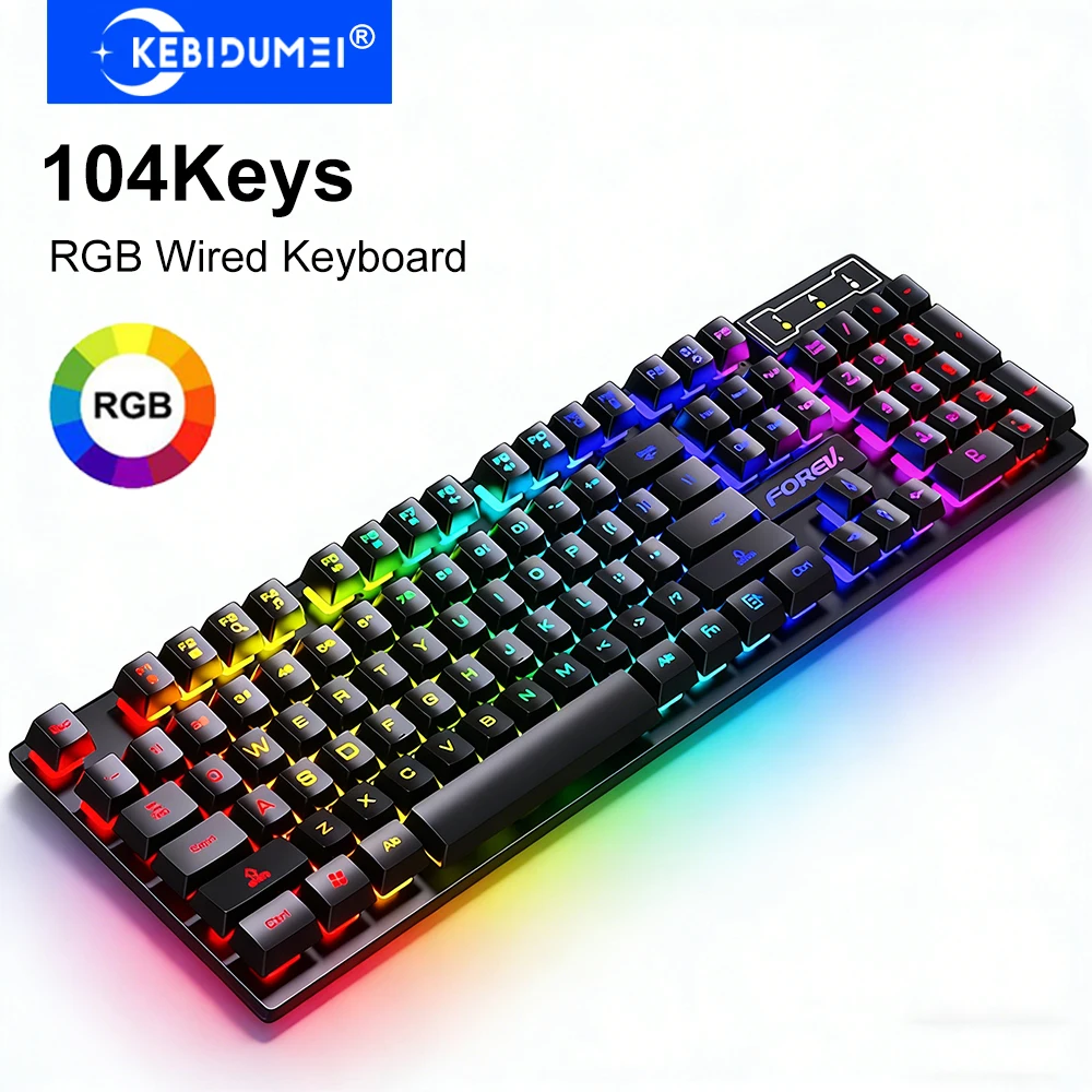 KEBIDUMEI USB Wired Keyboard RGB Colorful Gaming Keyboard 104Keys Wired Standard Keyboard for PC Laptop Android Windows Mac OS