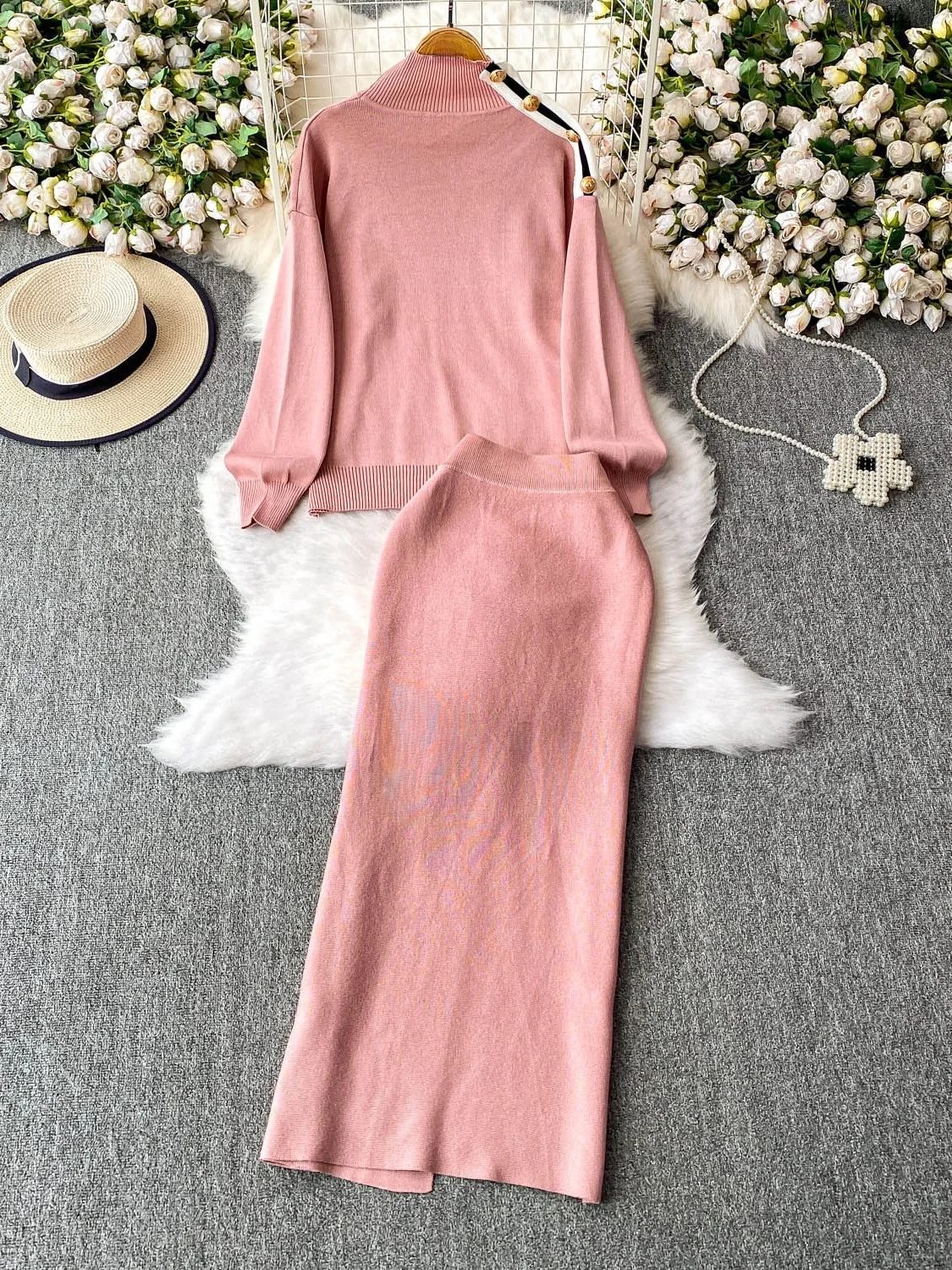 

Thiened Long Sve Knitted Sweatirt Design Vertical Stripe Split f Skirt Two Piece Set High Collar Faionable Winter...