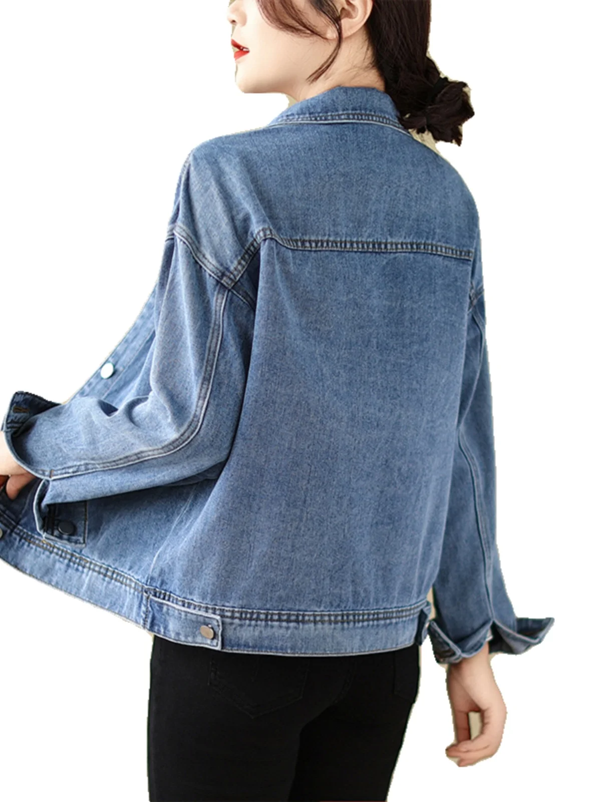 슬림하고 시원한 캐주얼 봄 가을 데님 재킷 여성 프린트 심플 패셔너블 출퇴근용 긴 소매 칼라 코트