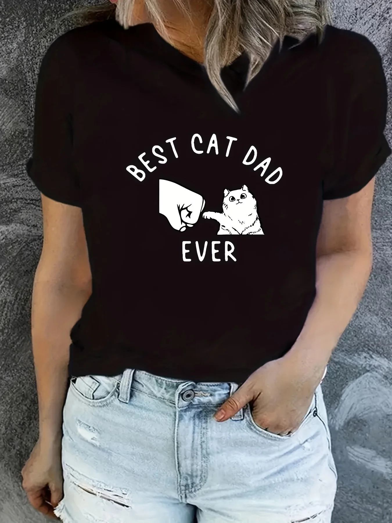 

Cute Cat & Letter Print T-shirt, Casual Short Sleeve Crew Neck Top For Spring & Summer, Women's Clothing