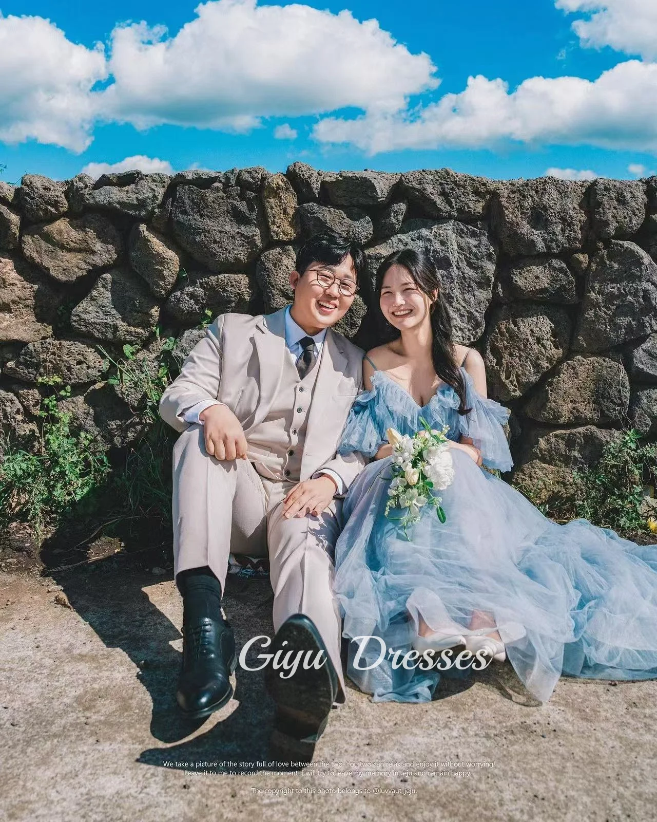 Giyu Fata Blu Tulle Abiti da sposa per donna A-line pavimento-lunghezza Corea Servizio fotografico Abito da sposa Scollo a V Abito da sera personalizzato