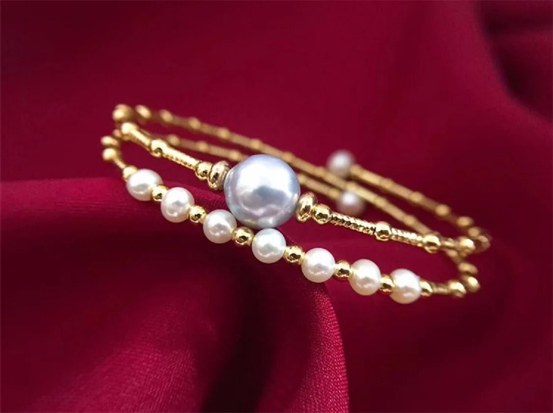 Gorgeous Round South Sea Golden pearl bracelet Simple 3-4mm Pearl 14k Gold Injected Double Layer Elastic adjustable