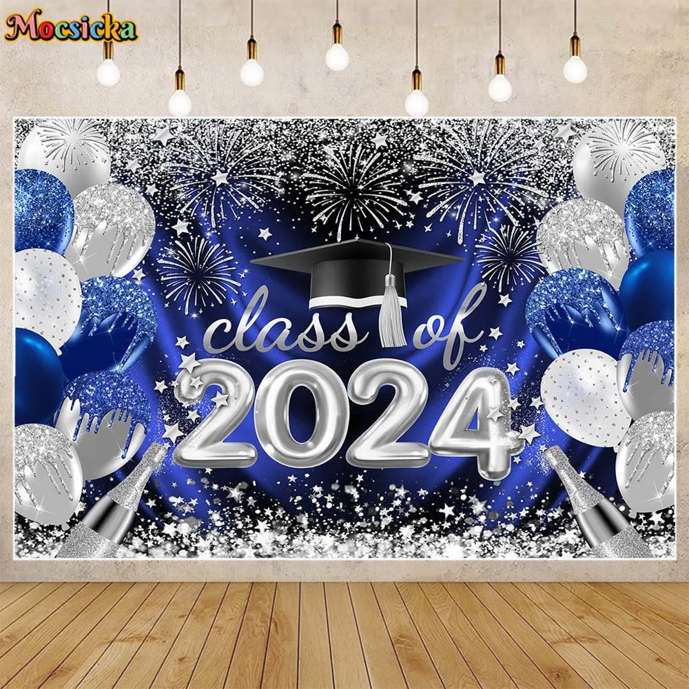 Mocsicka Graduation Backdrop Class of 2024 Graduate Party Decorations Bachelor Hat Glitter Balloon Photography Background Banner