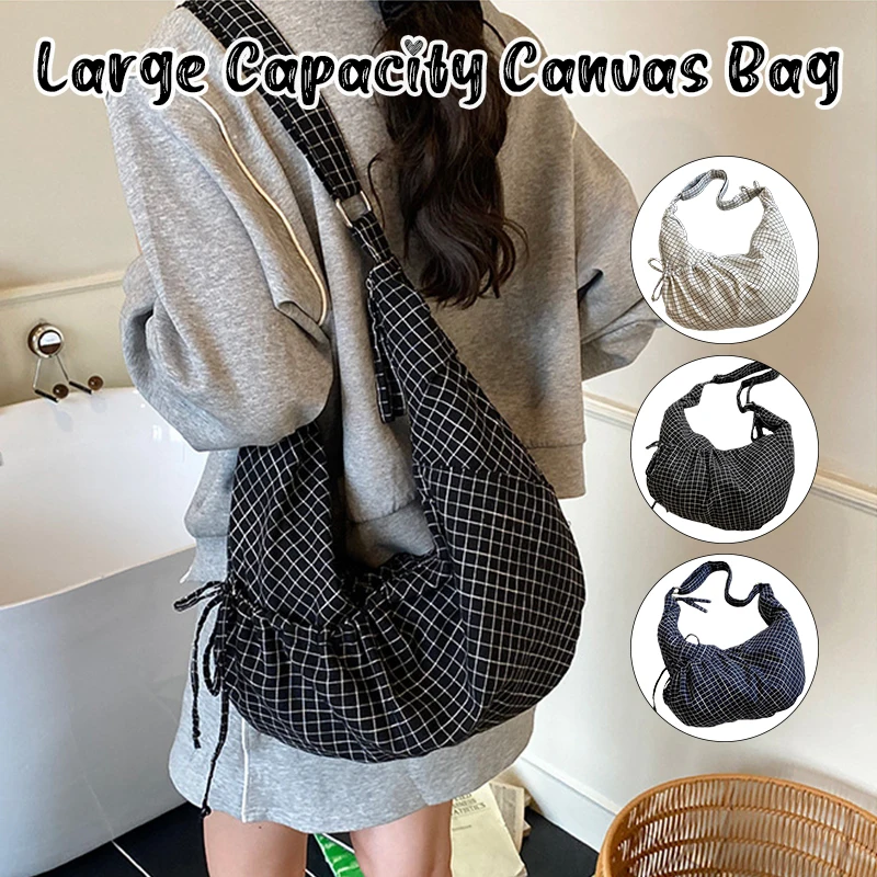 

Large Capacity Canvas Tote Bag for Women Pleated Plaid Shoulder & Crossbody Bag, Commuter Work School Bag, Casual Lightweight