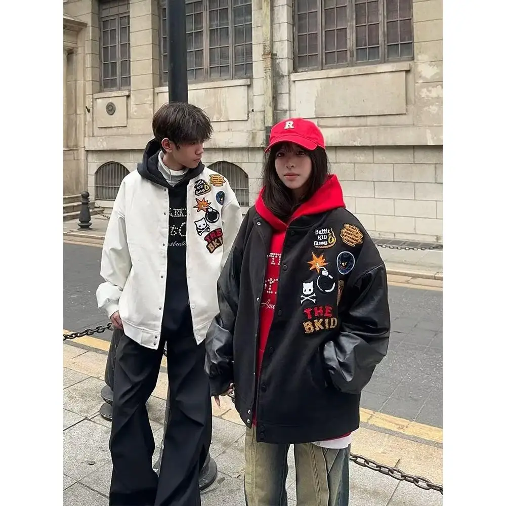 

American Baseball Sle Leather Sve Jaet ex Spring Couple Embroidery fiti Outerwear Stand Fit Thiened Polye...