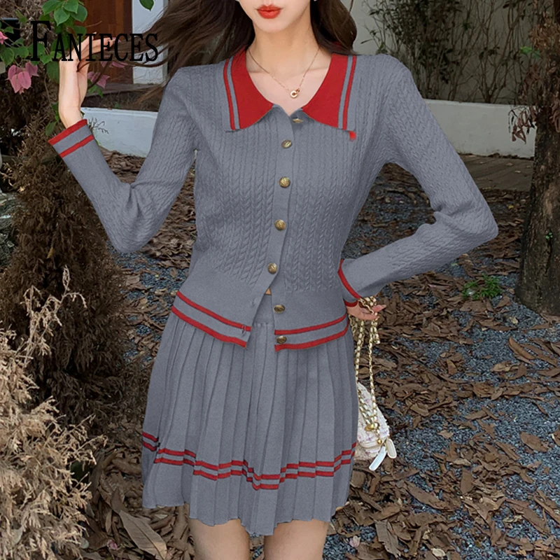 

Spring Knit New In Matching Sets Women Two Piece Set Pleated A-line Skirt Sweater Cardigan Tops Golf Wear Preppy Style Outfit