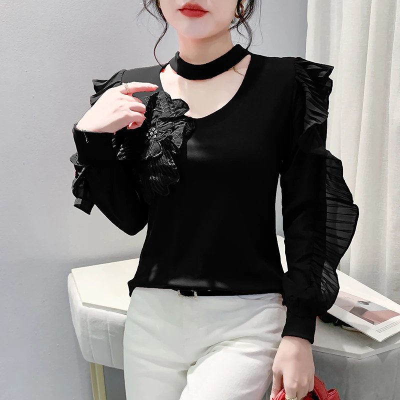 Korean Version Cotton 3D-demension Ruffles Female Autumn Winter Woman Pullover T-shirt Stand Collar Splicing Flowers Solid image 2