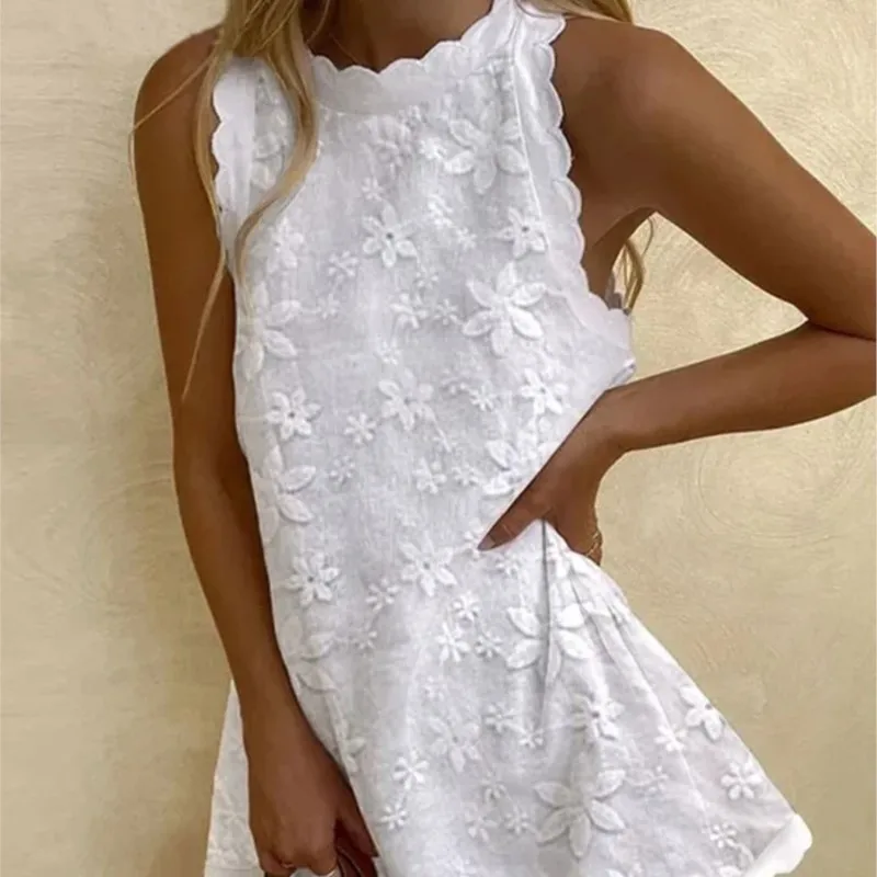 Vestido corto blanco de encaje para mujer, prenda elegante con cuello redondo, bordado de flores, sin mangas, Lolita, S-2XL