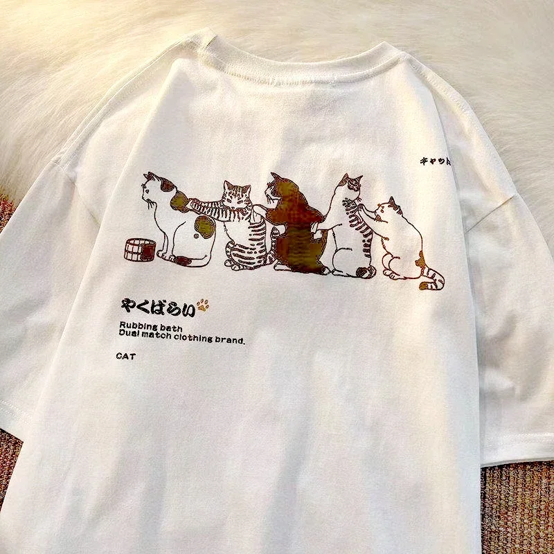 Oversized T-Shirt Dames Fris Paar Y 2K Harajuku Cartoon Schattige Kat Print O-hals Korte Mouwen Tops Esthetische Kleding Dames