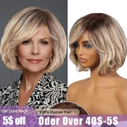 Ash Brown Blonde Remy Human Hair Wavy Bob Wigs with Bangs Transparent Side Part Lace Frontal Pixie Wig for White Women Daily Use