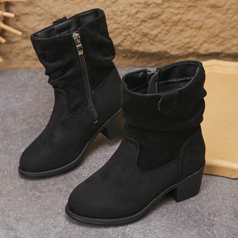 

Детские модные ботильоны с напуском для девочек, рыцарские ботинки на квадратном толстом каблуке с боковой молнией, детская обувь Botas Para Niñas для девочек