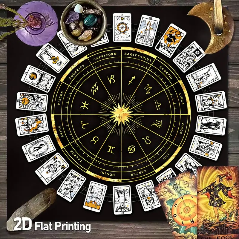 VIKAMA Tarot Cloth Astrology Chart Zodiac Tablecloth Divination Card Reading Mat Occult Witchcraft Altar Cover Black