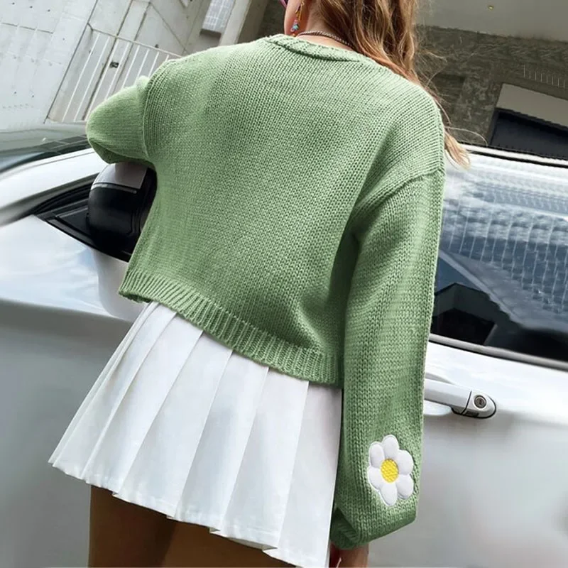 Autumn Winter Women Knitted Cardigan Flower Embroidery Sweaters Ladies Lantern Sleeve Short Coats Female Casual Loose Outerwear