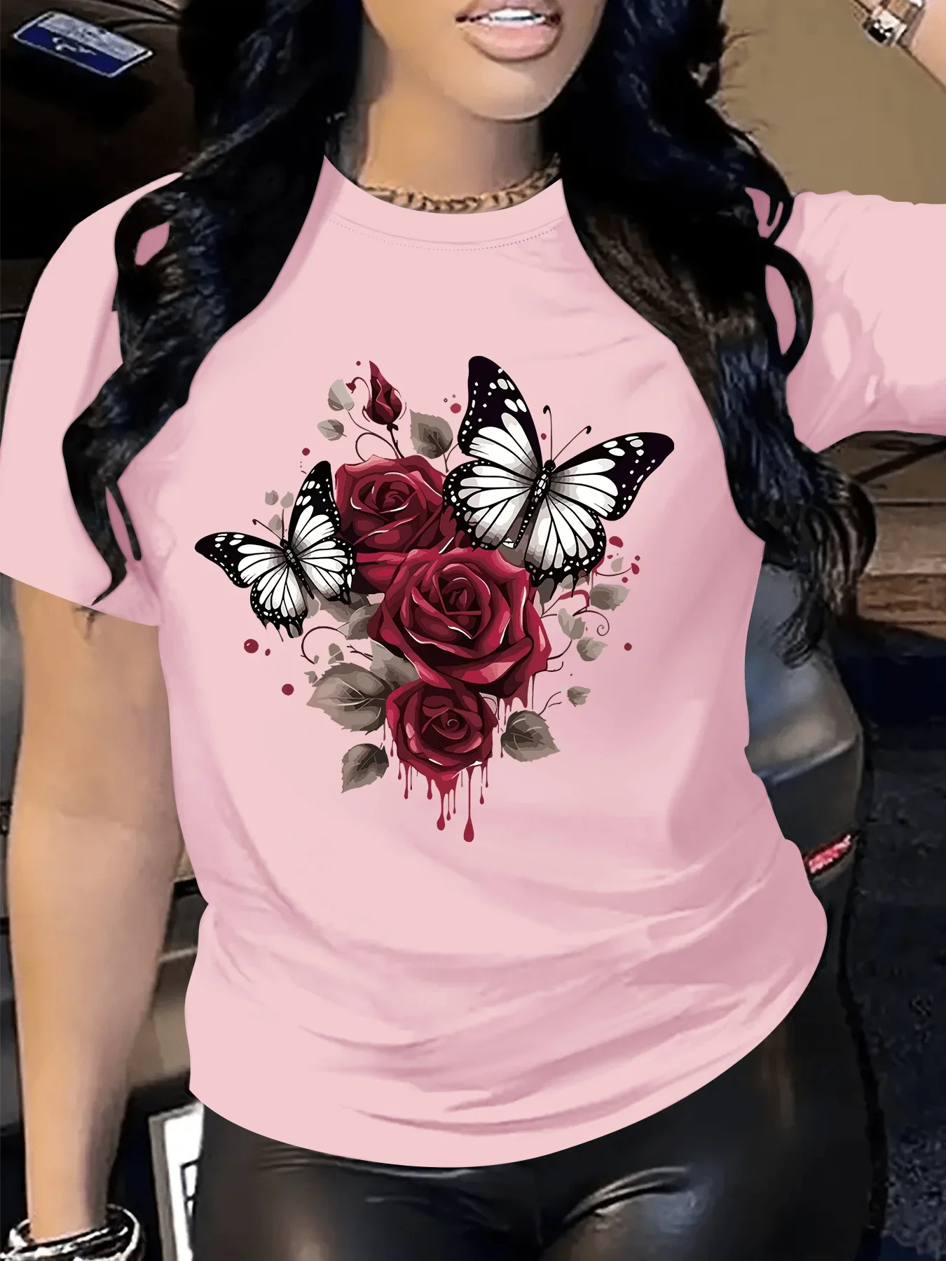 Red Roses & Butterflies Print Round Neck Casual Season Comfort Valentine's Day Romantic Valentine's Day Women's Floral Tops