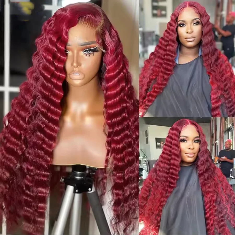 MDL 100% Remy Human Hair 13x4 HD Lace Front Frontal Wig for Women Pre Pulcked Deep Wave 99J Burgundy