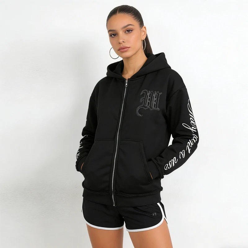 Trendiger, kreativer Applikations-Buchstaben-Print, Doppelkapuzen-Design, Damenbekleidung, Kapuzenpullover mit Reißverschluss, lockerer, lässiger Y2K-Hoodie, Freundin-Hoodie