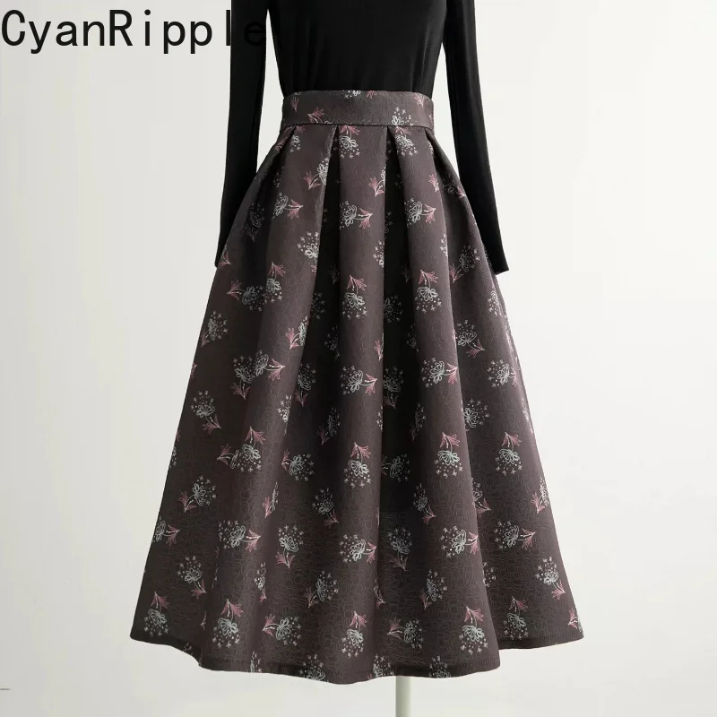 Preppy Style Vintage Floral Printed Mid-length Women A-line Skirt New Spring Autumn All-match High Waist Mid-length Puffy Skirts