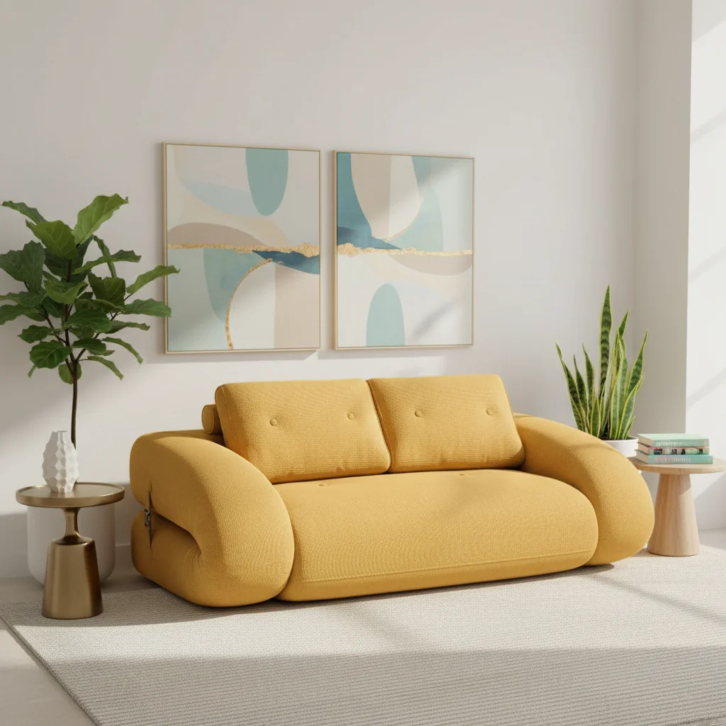 #Textured Fabric Convertible Sofa Bed 2 Seater Rounded Arm Button Tufted Loveseat for Living Room Bedroom