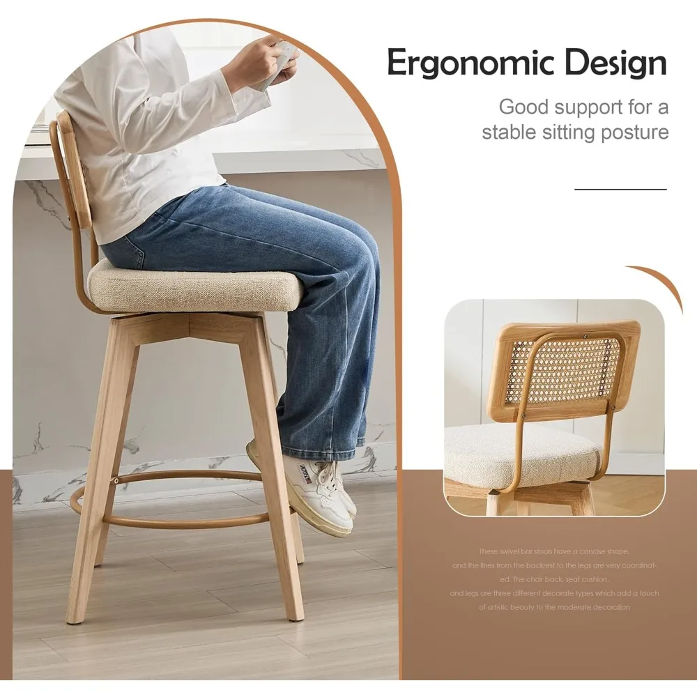 Conjunto de 2 bancos de bar giratórios de vime natural de 26 polegadas, cadeiras estofadas sem braços de madeira maciça com pernas de madeira para balcão