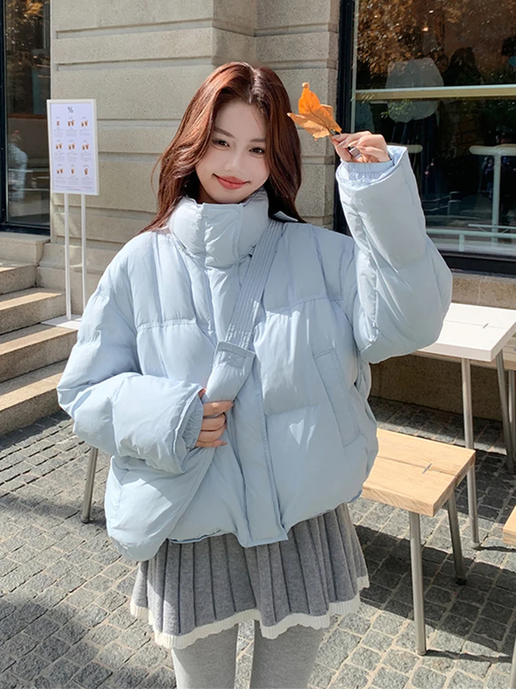 니트 여성용 패딩 재킷 브레드 슬레 겨울 따뜻한 아우터웨어 패션 디자인 캐주얼 루즈핏 화이트 다운 필