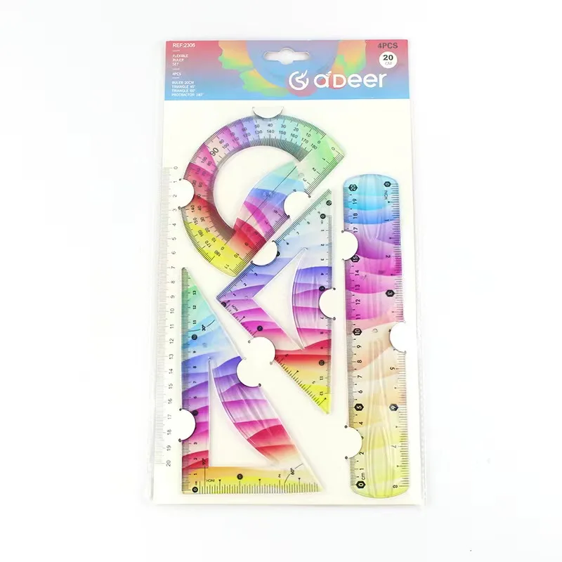 4 Pcs/set Ruler Set Soft Plastic Rainbow Rulers Shatterproof Bendable Flexible Ruler for School