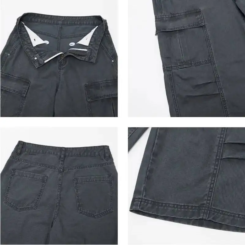 American Retro Distressed Men's Shorts Multipocket Washed Pleated Design Casual Loose Wide Leg Cropped Cargo Pants 7R1X