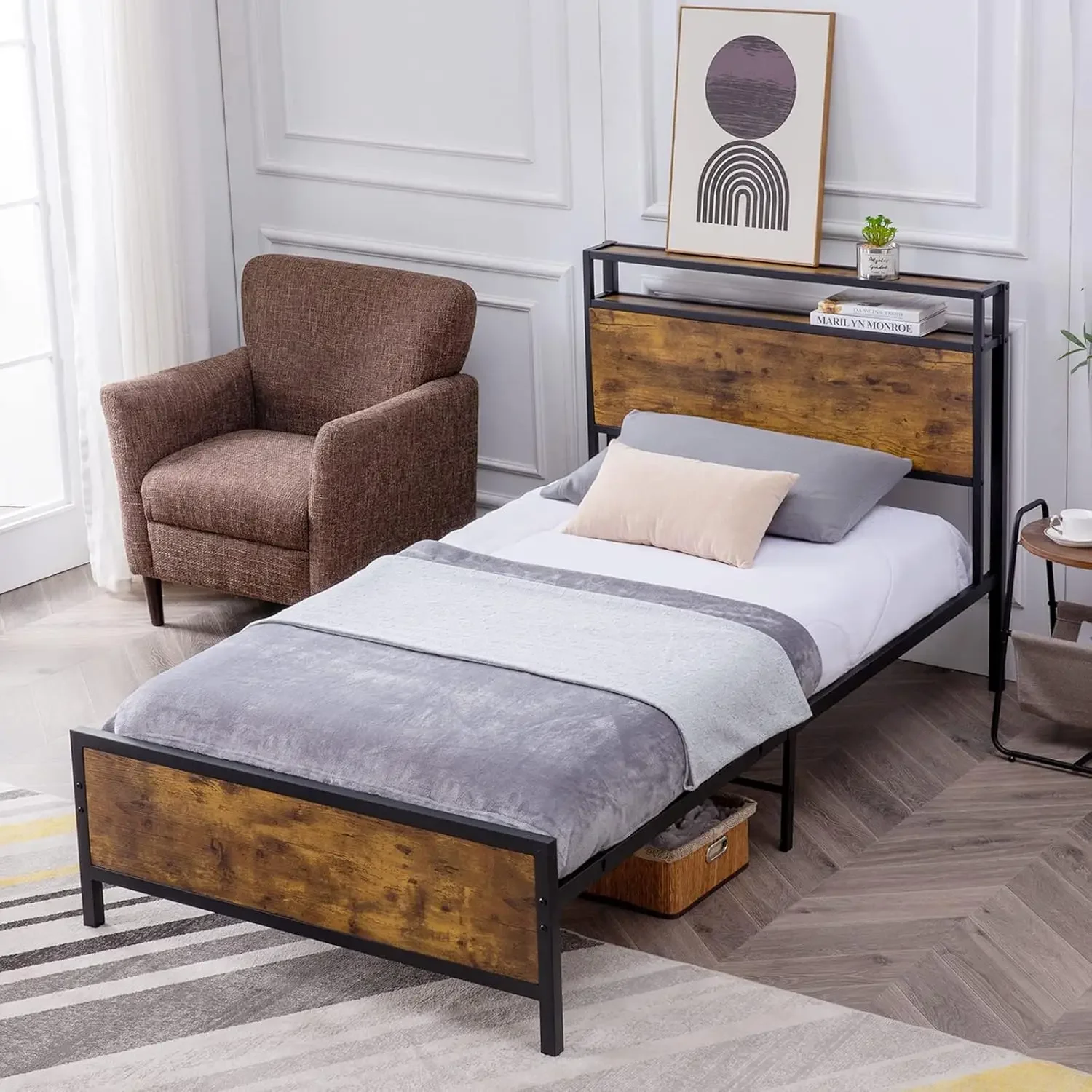 Twin Bed Frame, Platform Bed with 2-Tier Storage Headboard, Solid and Stable, Noise Free, No Box Spring Needed, Easy Ass