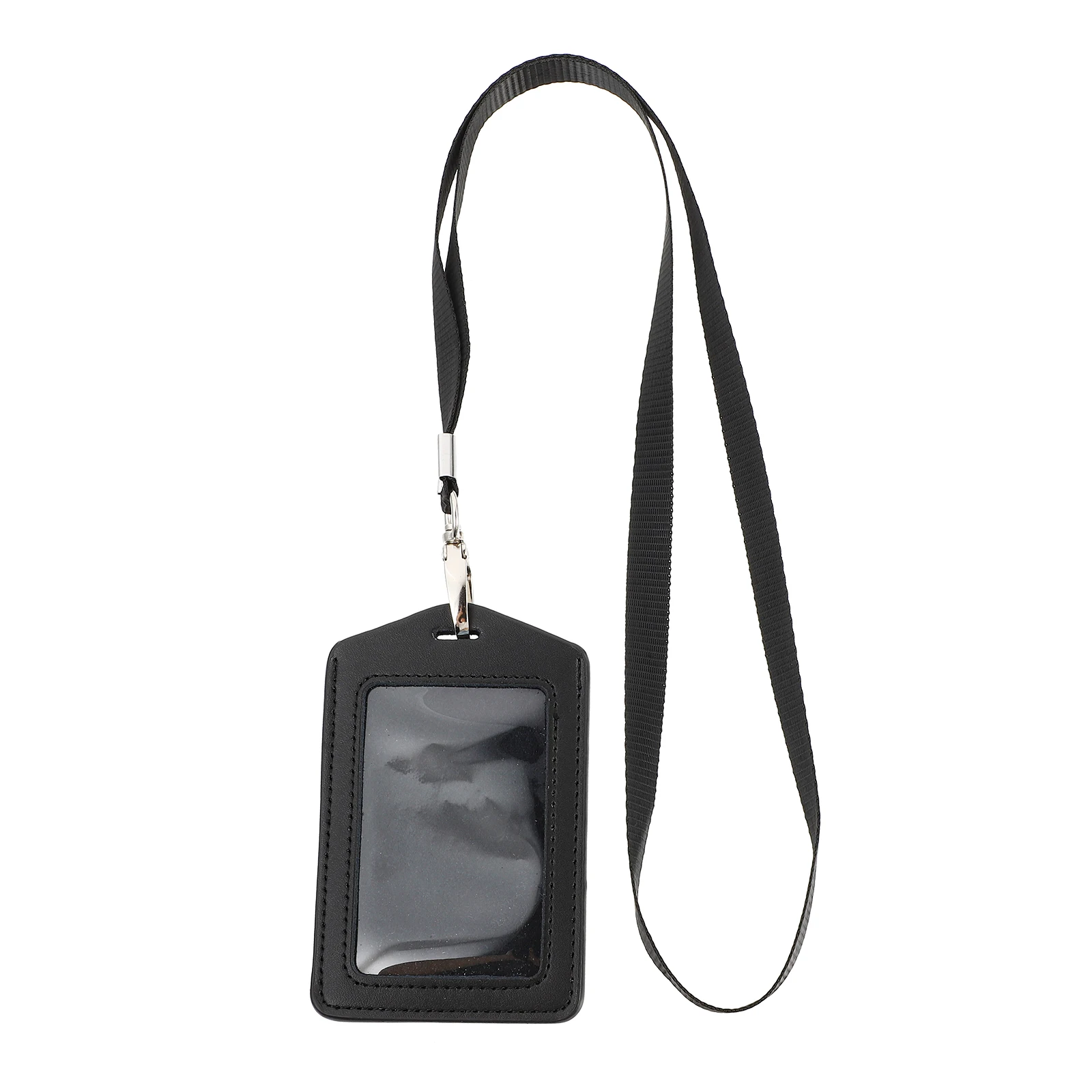 

1pc Work Id Badge Holder Lanyard Lightweight Pu Card Protector For Employee Bus Security Cards Black Waterproof