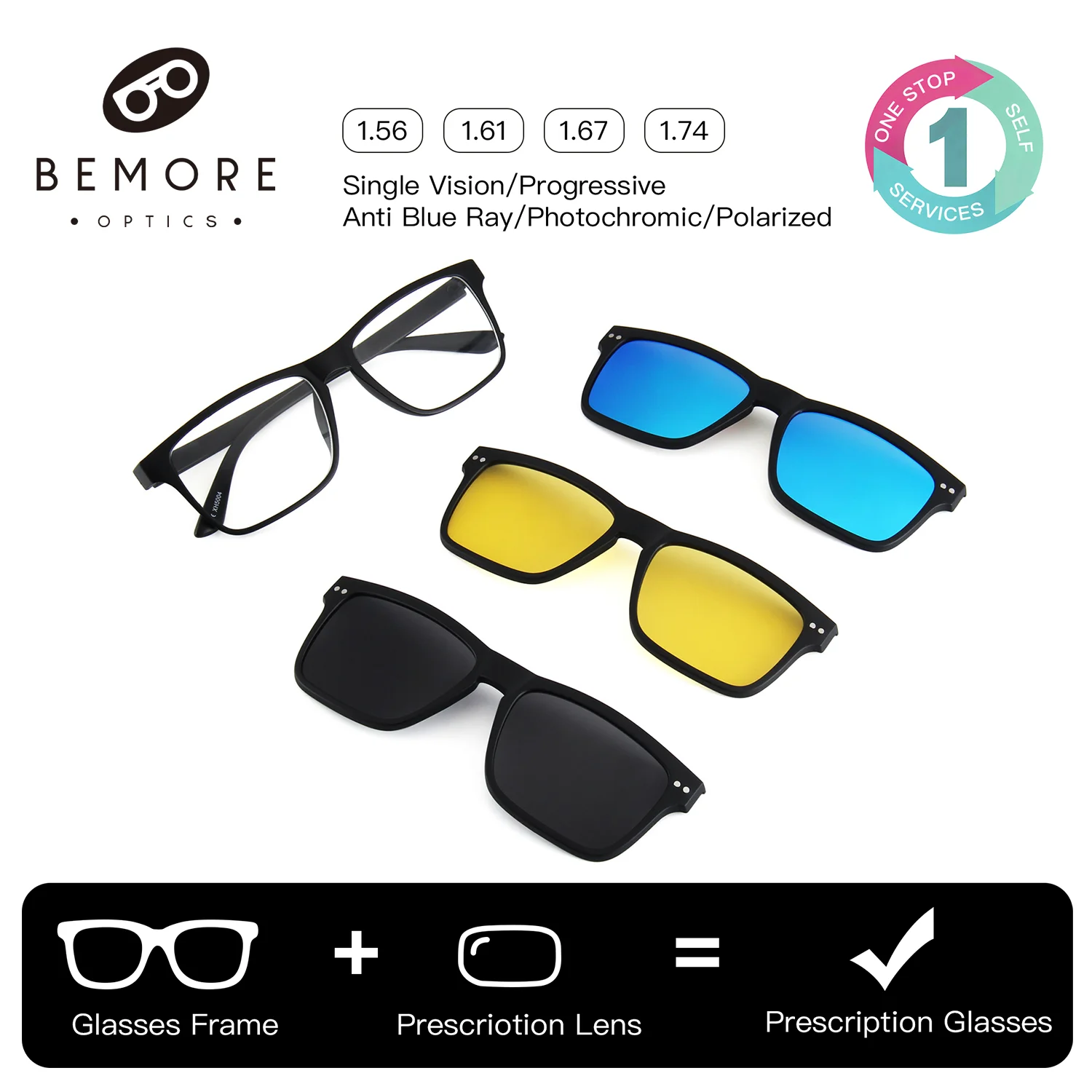 

BEMORE Unisex Clip on Sunglasses High-quality Metal Square Prescription Glasses Anti-Blue Light Progressive Multifocal Eyeglasse
