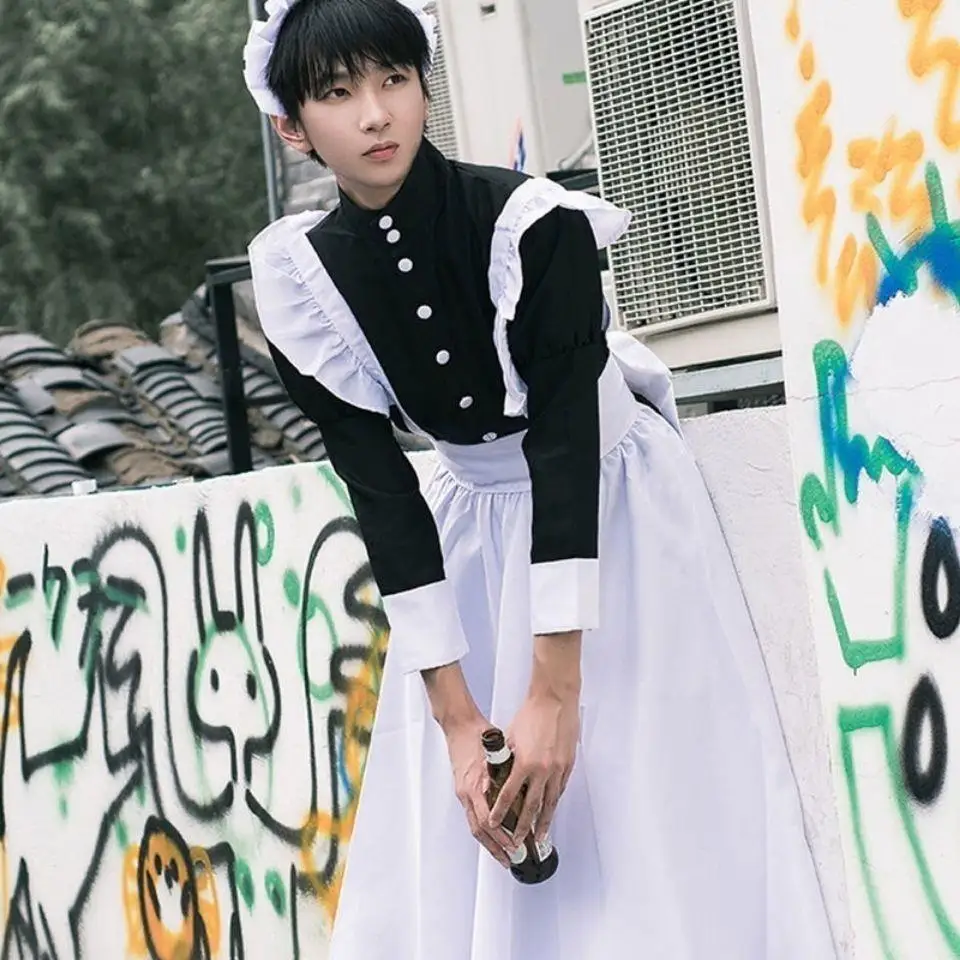 Maid Outfit Cosplay Lolita Set Clothes Vintage Men Women Japanese Style Cute Kawaii Gothic Role Play Costume Black and White