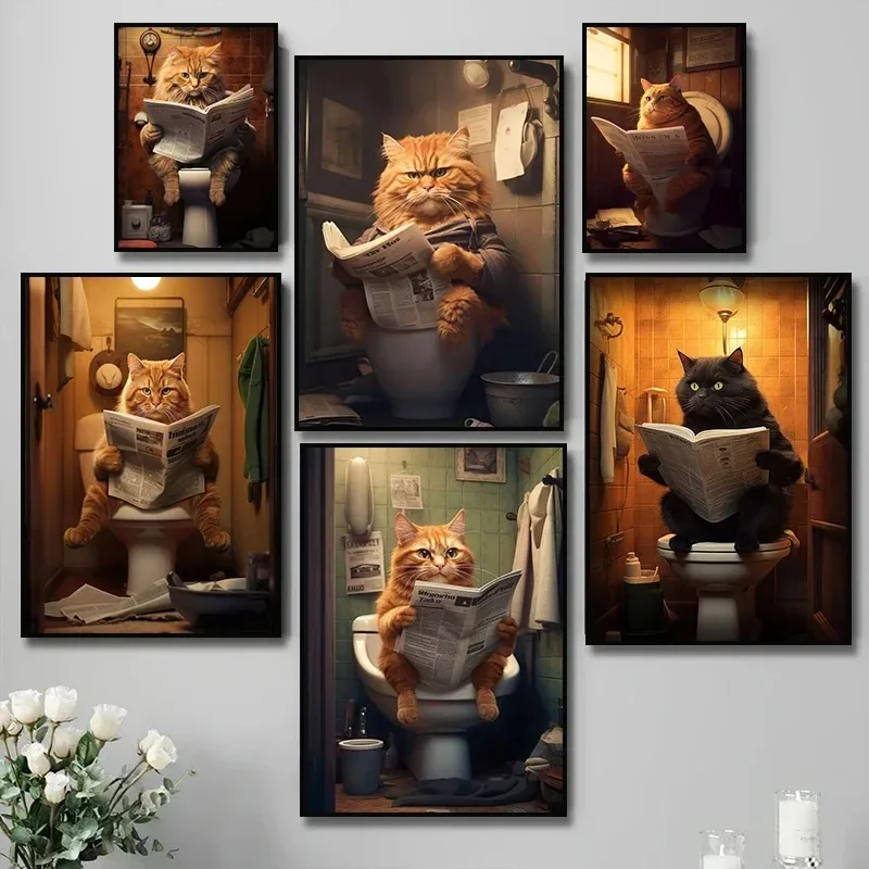 Póster estético de periódico para baño, gato gordo Kawaii divertido, imagen para sala de estar, lienzo, pintura artística, decoración de pared para el hogar y el baño