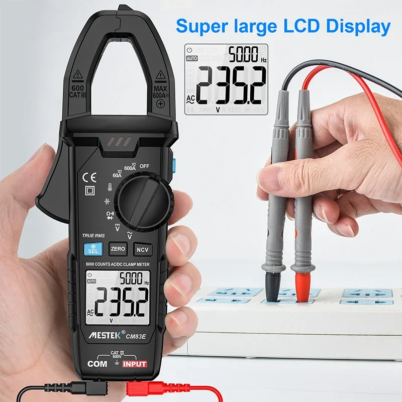 Mestek CM83E 6000 Counts Digital Clamp Meter DC/AC Current 600A Amp Multimeter Large Color Screen Voltage Tester Car Hz NCV Ohm