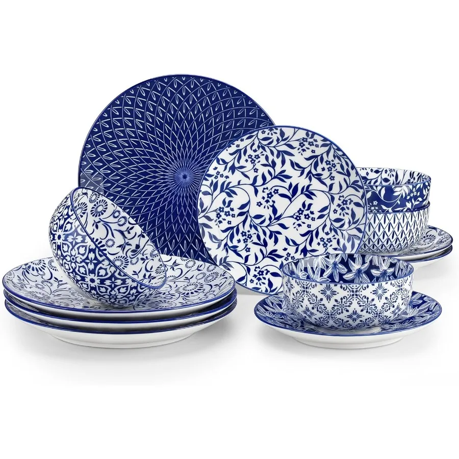 

Plates and Bowls Set for 4, 12 Pieces Dinnerware Sets, Mircowave and Dishwasher Safe Dishes Set, Porcelain Blue Dinnerware