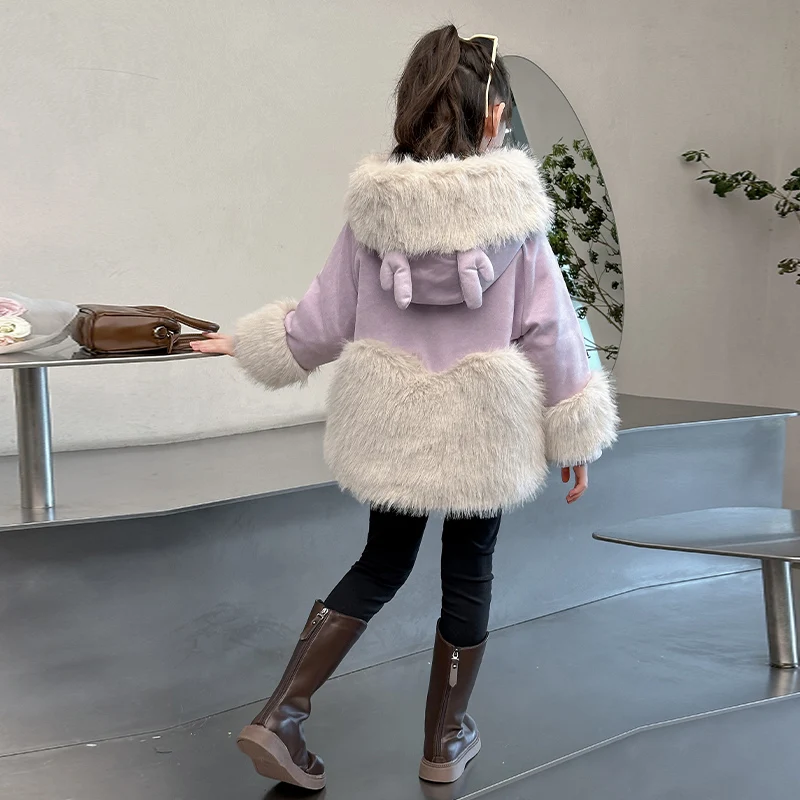 2024 Winter Children's Imitation Fur Coat New Warm Clothes for Girls Plush and Cute Christmas Antlers Long Sleeve Jacket