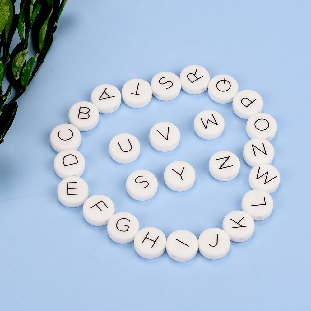 LOFCA 12mm 100PCS Flat Round Silicone Beads Food Grade Letter Teethers Loose Chewing Alphabet For Personalized Name DIY