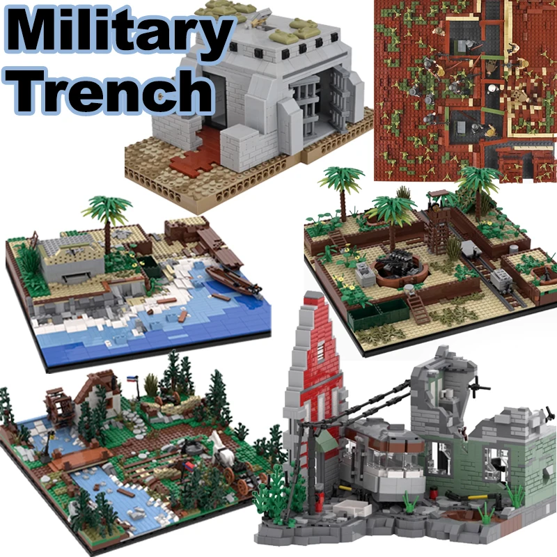 WW2 Military Trenche Watchtower Building Blocks Solider Figures Gun Battlestation Ruins Castle War Army Weapon Bricks Friend Toy