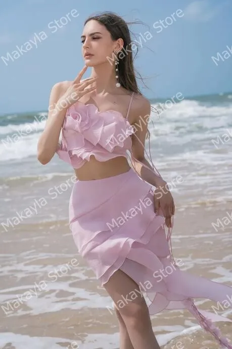 Beach Pink Mesh Cocktail Dresses Chic Spaghetti Strap Flower Tulle Prom Party Gowns Pretty Ruffles Tiered A-line Brithday Dress