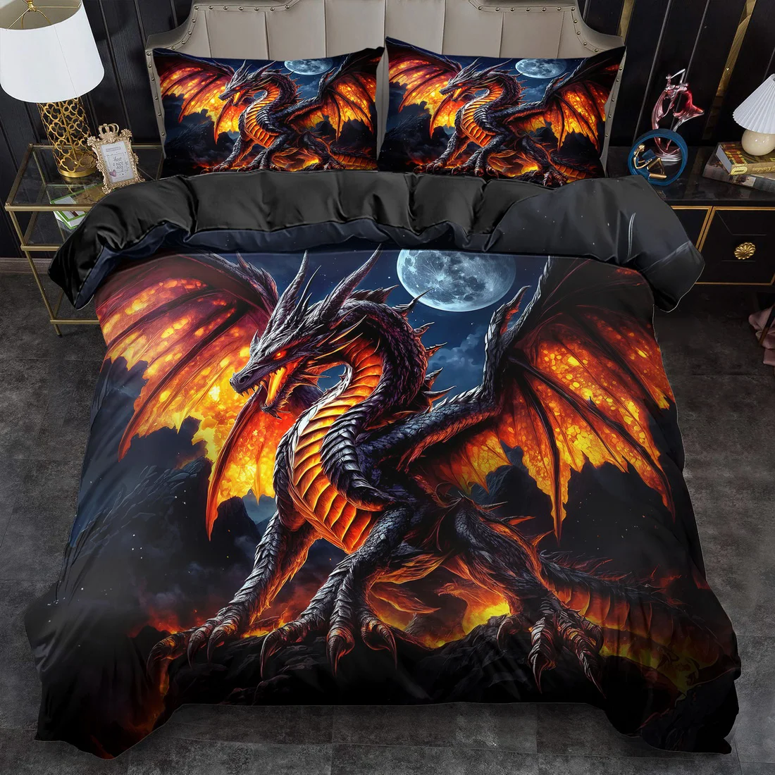 3pcs Dragon Attacking Castle Bedding Set 3D Printed Medieval Gothic Duvet Cover Set for Bedroom Decor