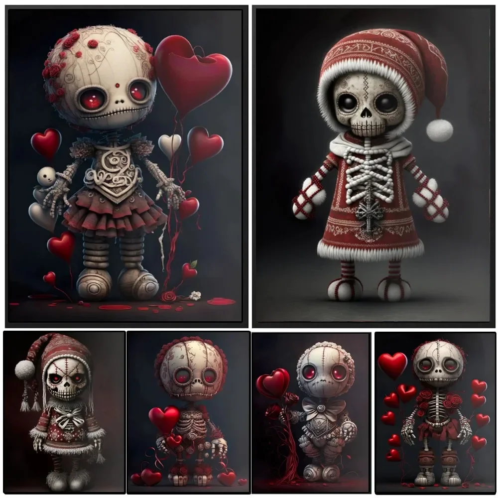 فن جداري رومانسي لعيد الحب ، لوحة قماشية بدمية عيد الميلاد مع بالونات حمراء وزهور ، فودو تجريدي ، ملصق مثالي