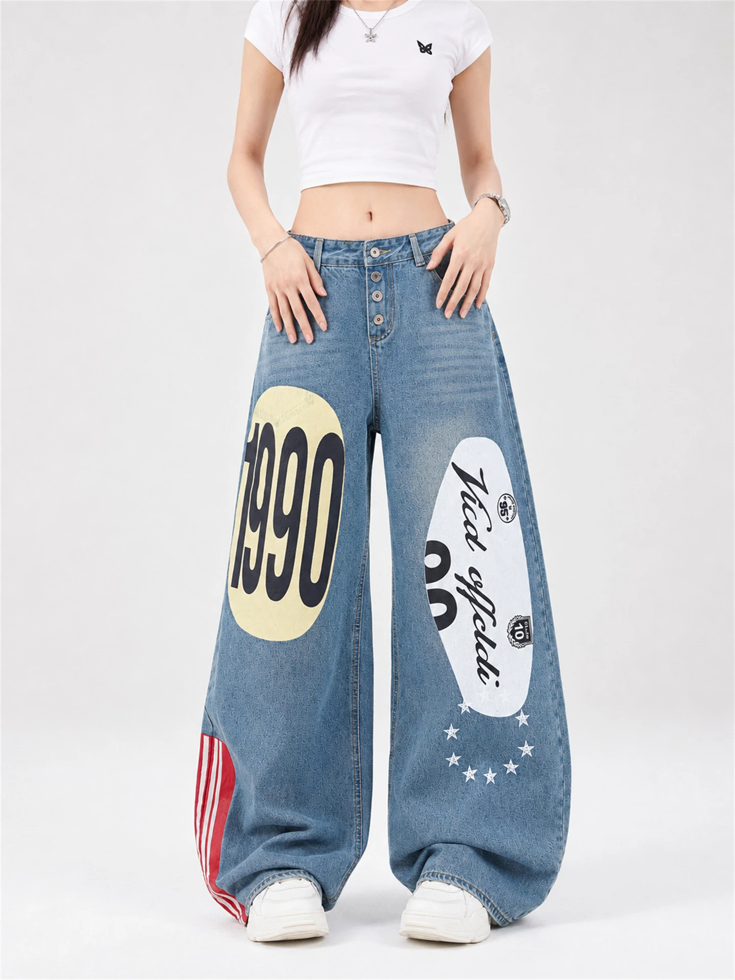 American High Street Spliced Color Block Letter Print Jeans Loose Wide Leg Pants Men Women Autumn Vintage Design Sense