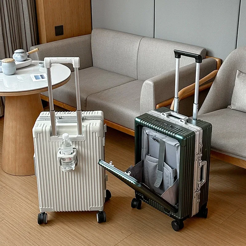 Suitcase Front Opening Aluminum Frame Rolling Luggage Spinner USB Cup Holder Phone Stand Cabin Carrier Unisex Travel Bag