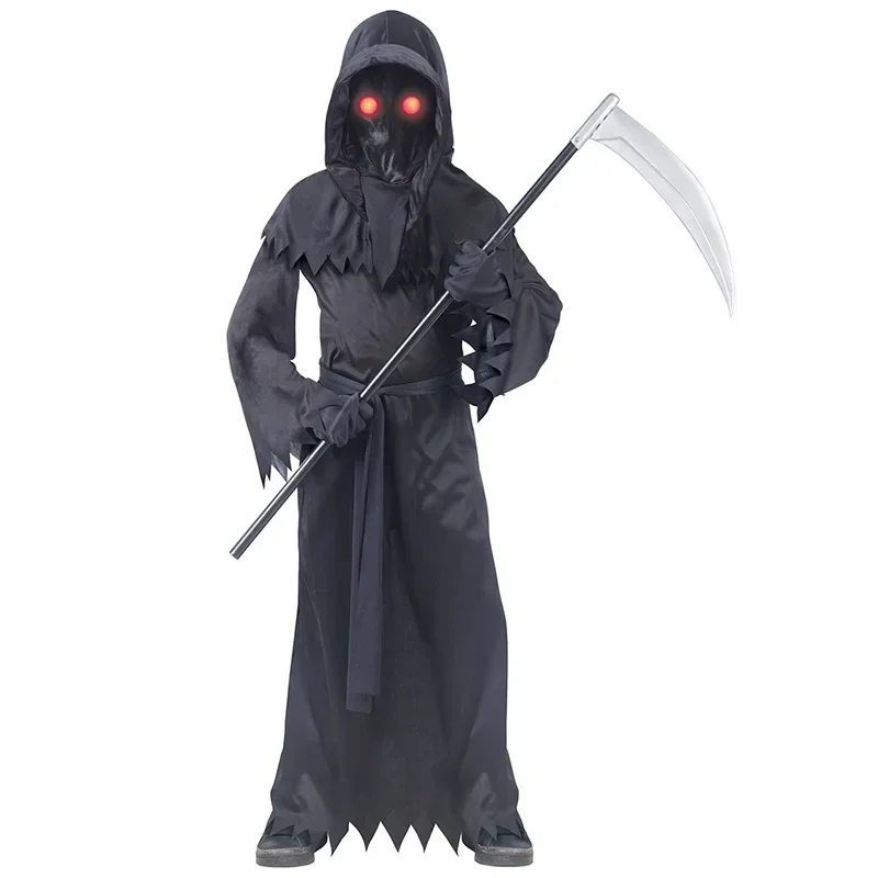 Meninos meninas grim reaper cosplay com chapéu máscaras olhos luminosos morte gancho foice festa terror traje de halloween cmmn11