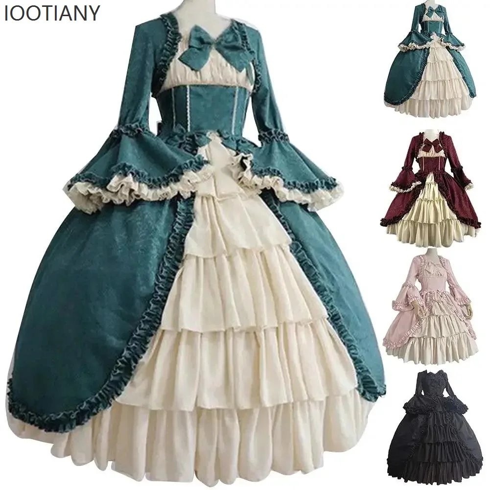 

Carnival Medieval Retro Victorian Dress Women Gothic Court Square Neck Waist Stitching Bow Dress Role Play Costume