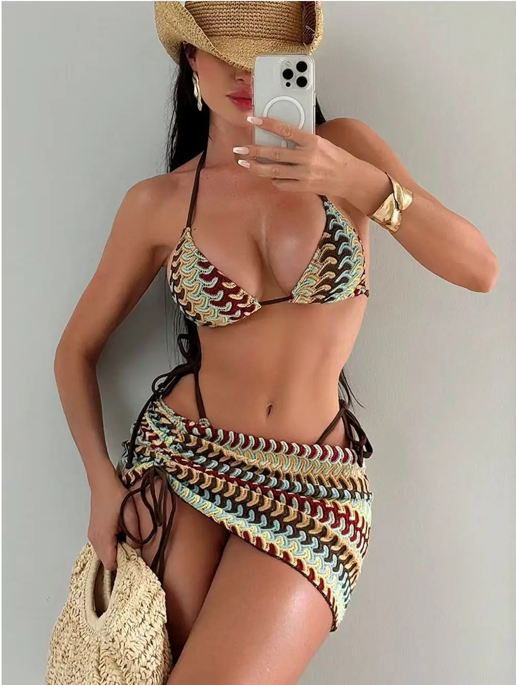 

2026 Women's 3 Piece Bikini Set Striped Tie-Side Top & Cheeky Bottom with Wrap Skirt Sexy Beach Outfit Summer Holiday Swimsuits