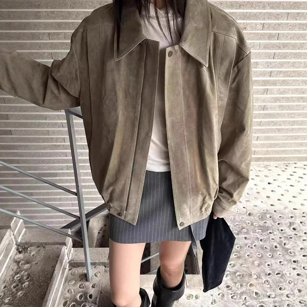 

Retro Sle Loose Fit Zipper Collar Suede Jaet Pure Color Casual Outerwear Women's Faion Autumn Collection East Gate