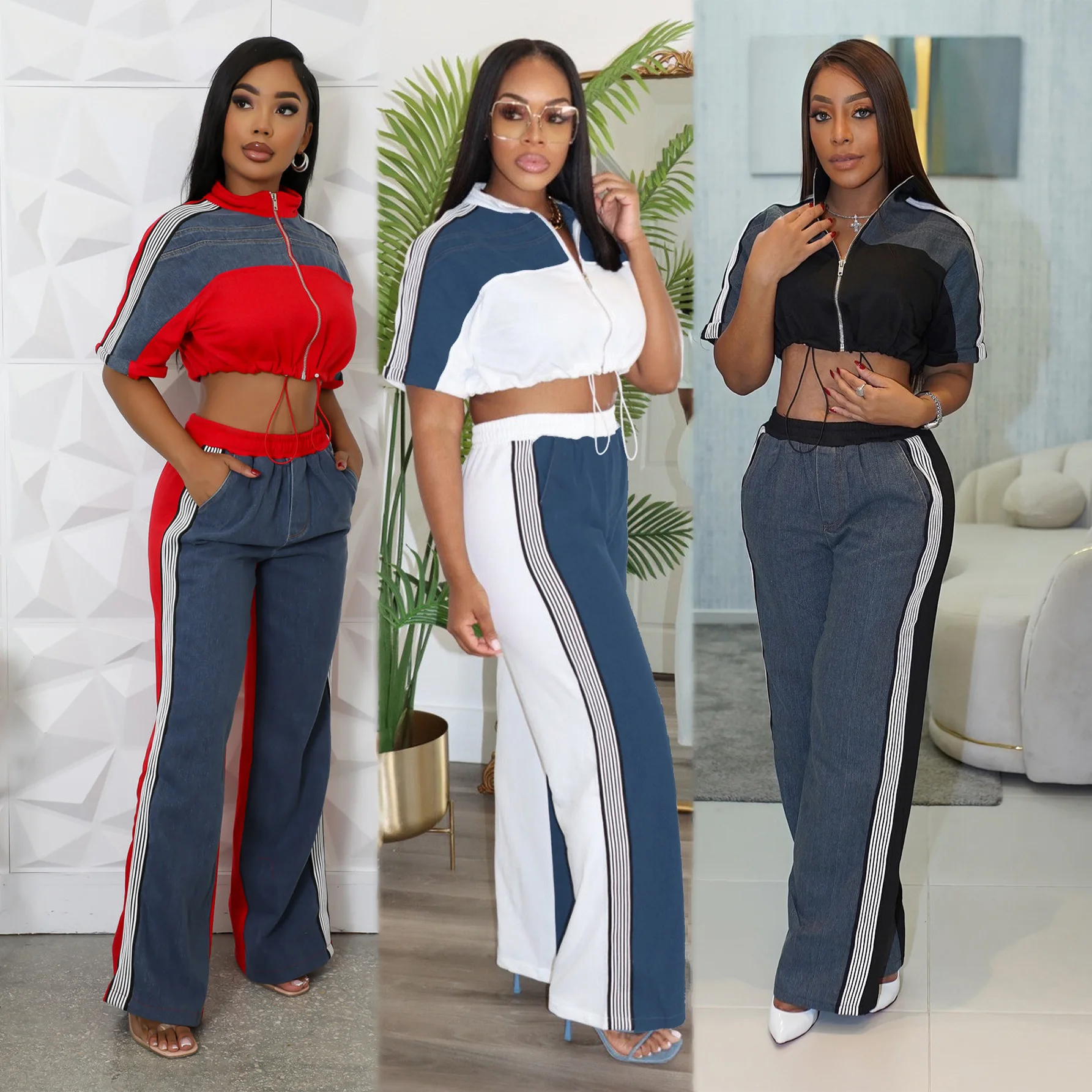 

Pant Set Women Two Piece Sets Denim Matching Sets Jogger Tracksuit Matching Sets Zipper Tops Wide Leg Long Pants Elastic Waist