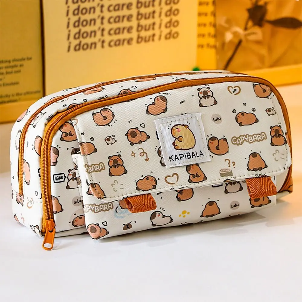 Janpanese Multi Layer Capybara Stationery Bag Pencil Cases Large Capacity Capibara Pencil Bag Canvas Cartoon Pen Pouch Office