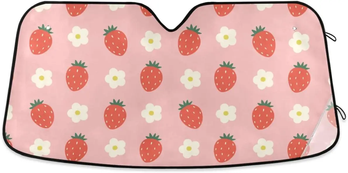 

Car Windshield Sun Shade Pink Strawberry Car Sun Visor for UV Rays and Sun Heat Protection Cute Flowers Summer Blocks Heat and S
