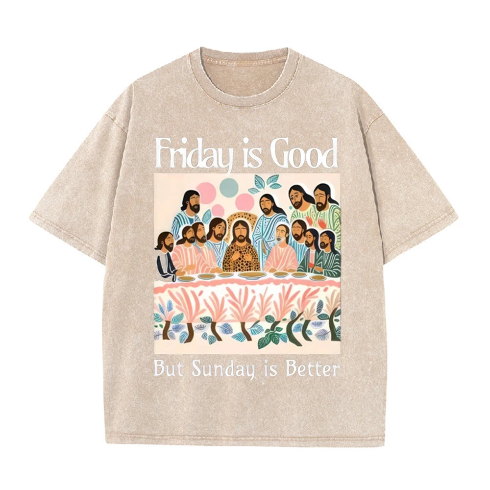 2026 Vintage Washed T Shirt Men Christian Faith Graphic Tees Friday Is Good But Sunday Is Better Casual Loose Crew Neck Short Sl