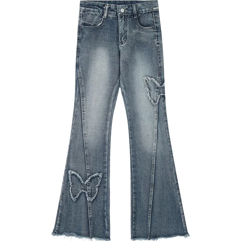 Jean évasé américain rétro épice pour femmes, pantalon taille haute, longueur au sol, papillon, vêtements féminins à la mode, printemps et automne